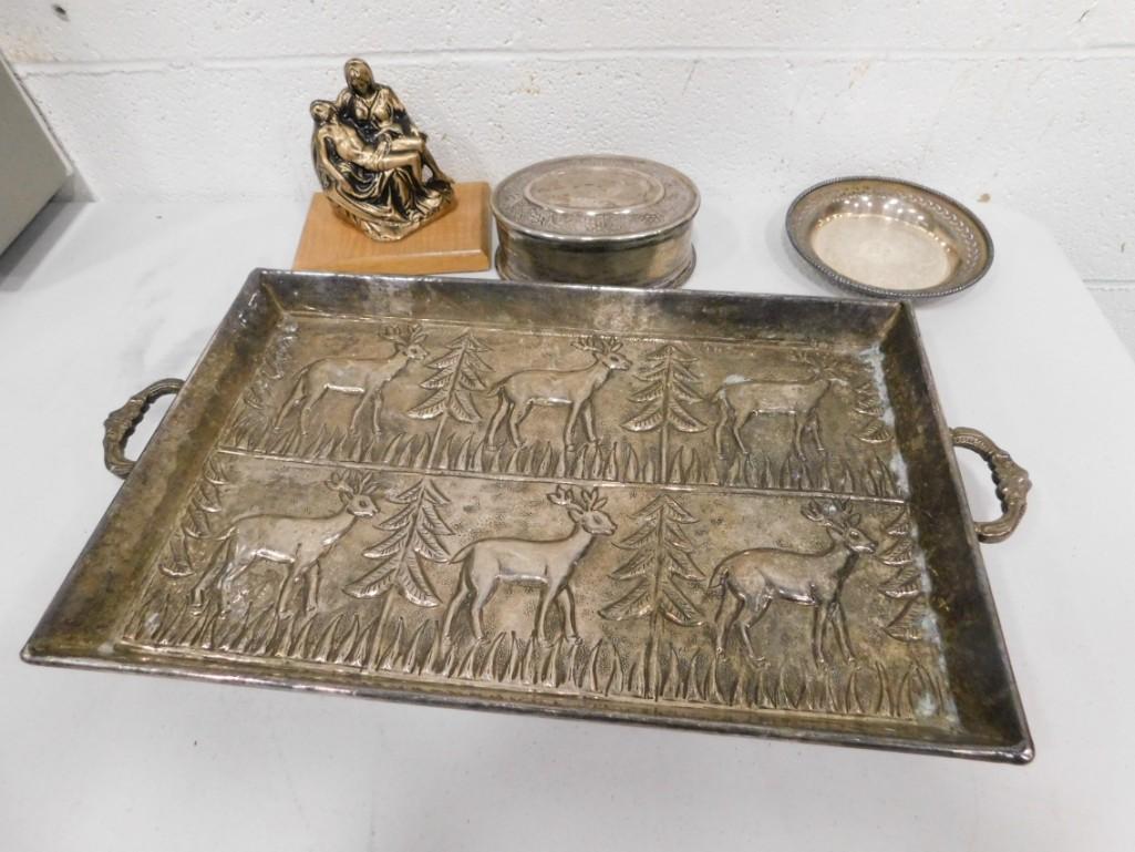 Metal Lot incl Silver Plate Tray with Deer Design, etc (1 of 6)