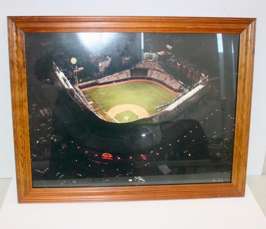 Framed Photo - Wrigley Field First Night Game: Framed Photo - Wrigley Field First Night Game Measures 27 inches by 21 inches. Signed by photographer.
