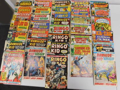 Lot of Marvel Western Comic Books incl Outlaw Kid ,: Lot of Vintage Marvel Western Comic Books incl Outlaw Kid , Rawhide Kid , Captain Savage , The Ringo Kid, Kid Colt , The Scarecrow , Godzilla , Kazar . Mostly 12 cent through 35 cent comics . Approx 3