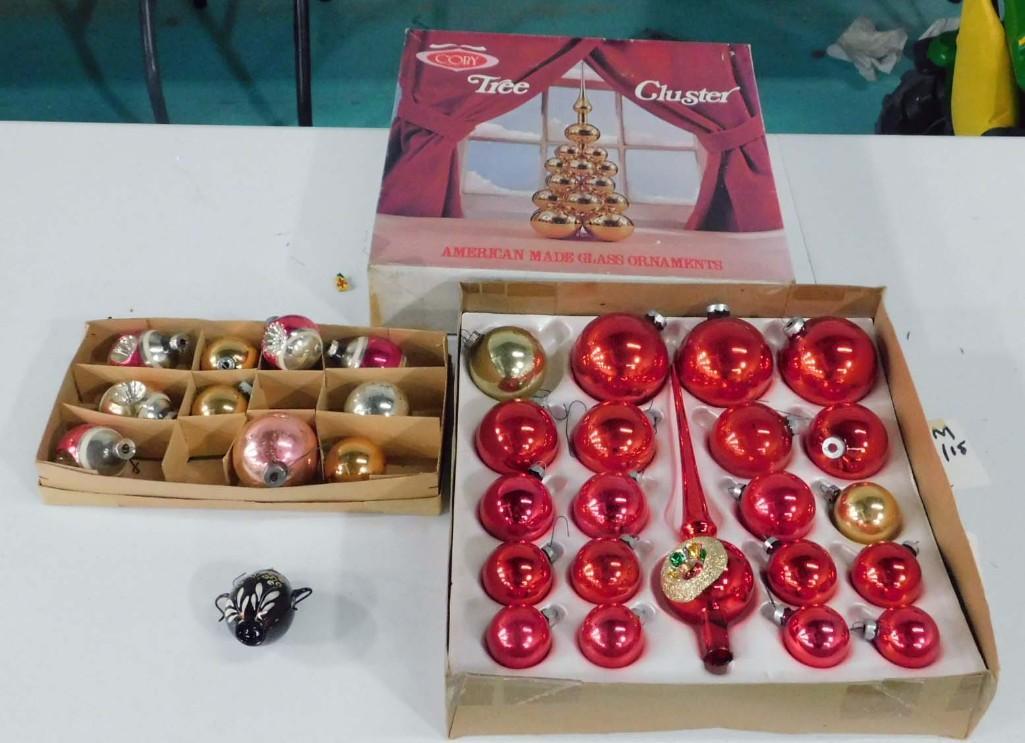 Vintage Christmas Ornaments and Decorations incl a: Vintage Christmas Ornaments and Decorations incl a Mercury Glass Teapot , Indent Ornaments , Mercury Glass Tree Topper , etc