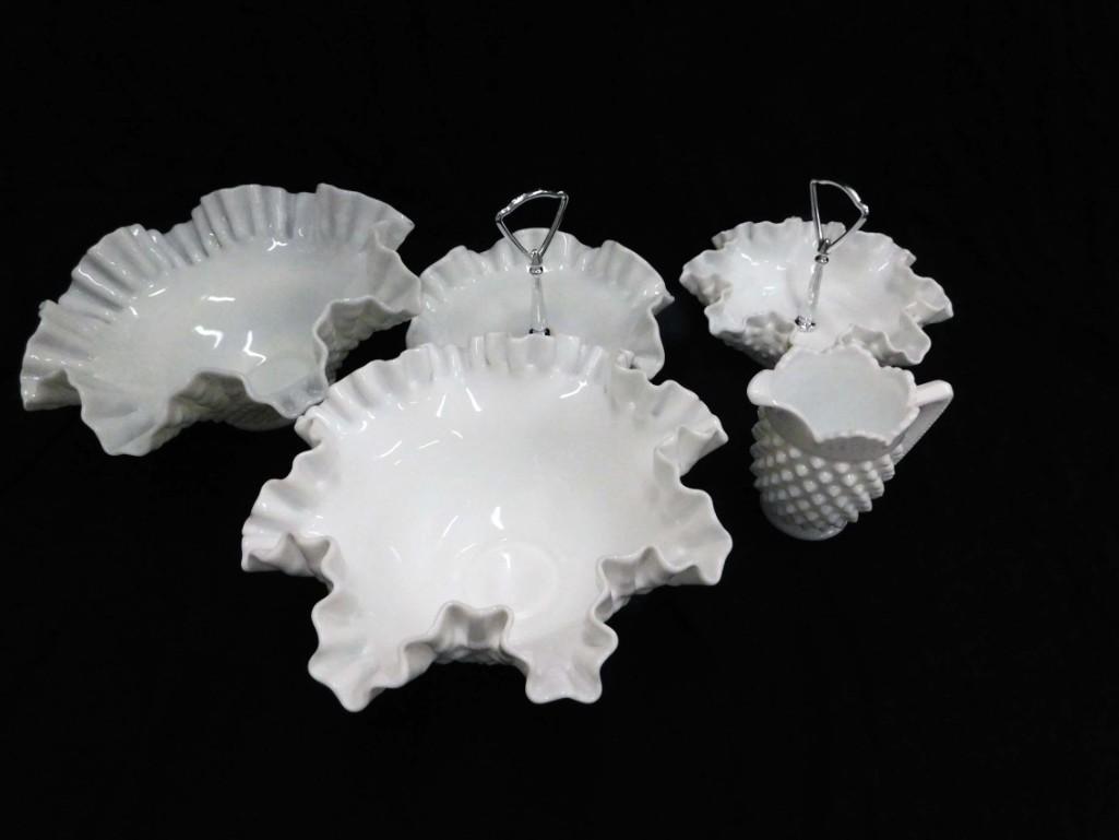 Hobnail Milk Glass lot incl Fenton Ruffled Edge Bowl , (1 of 3)