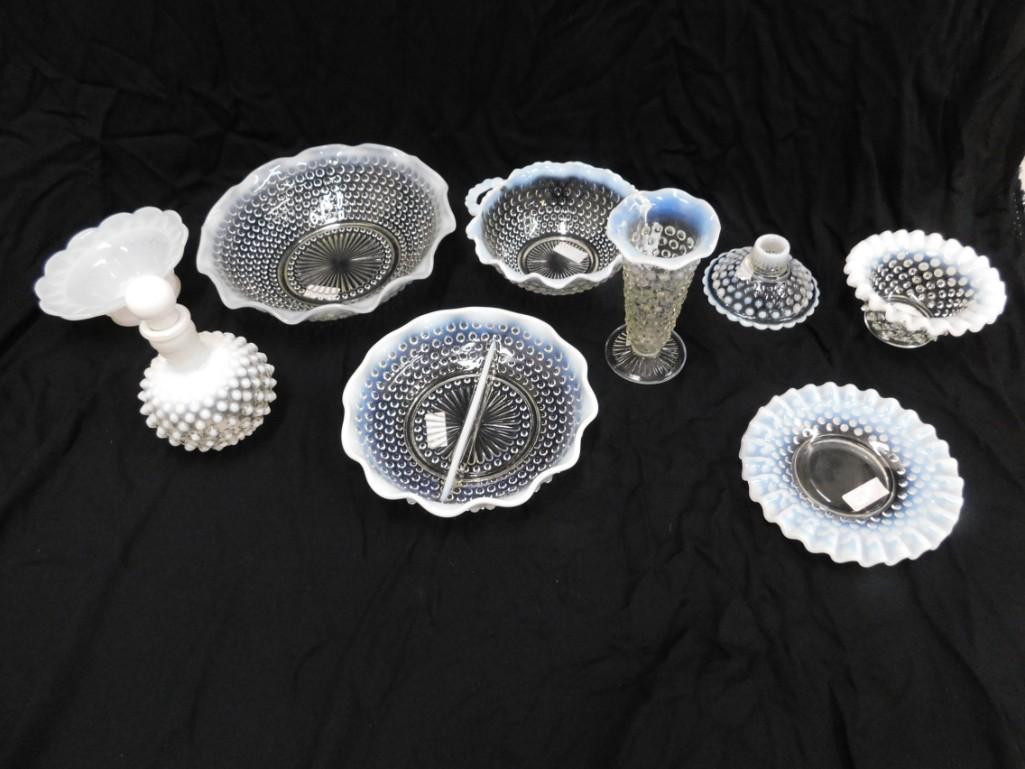 Lot of Opalescent Hobnail Glass incl Fenton , Moonstone: Lot of Opalescent Hobnail Glass incl Fenton , Moonstone , Irride , Anchor Hocking Moonstone , Dot and Dash Bowl