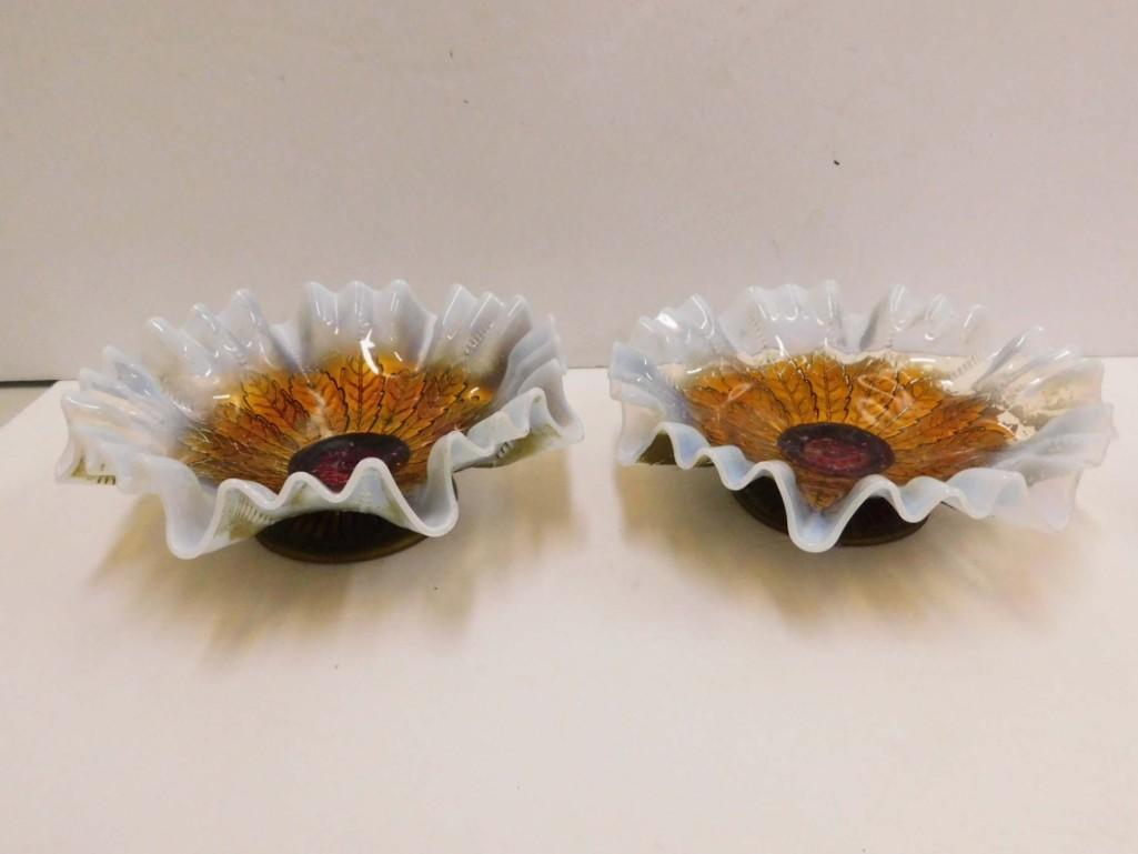 2 Antique Goofus Glass Opalescent Footed Bowls with (1 of 5)