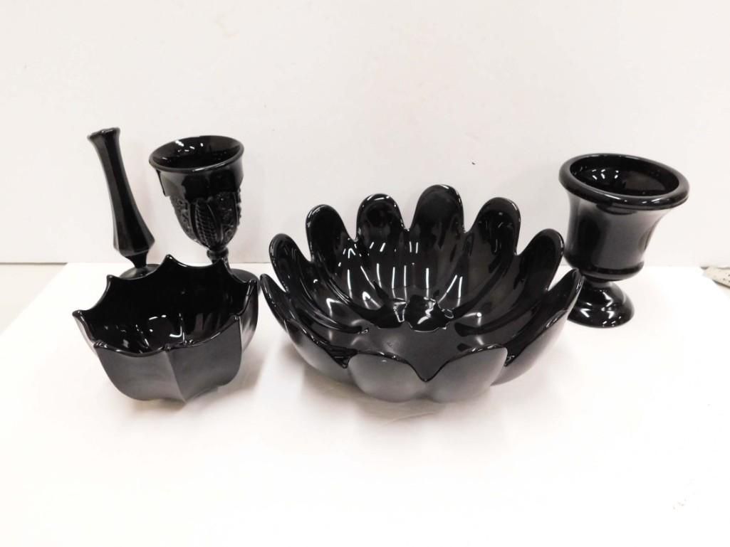 Lot of Black Milk Glass incl Umbrella Candy Dish , Vase (1 of 4)