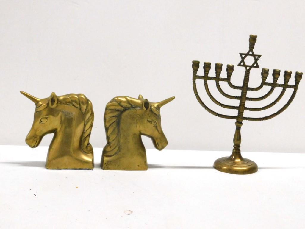 Brass Unicorn Bookends and a Brass Menorah: Brass Unicorn Bookends and a Brass Menorah