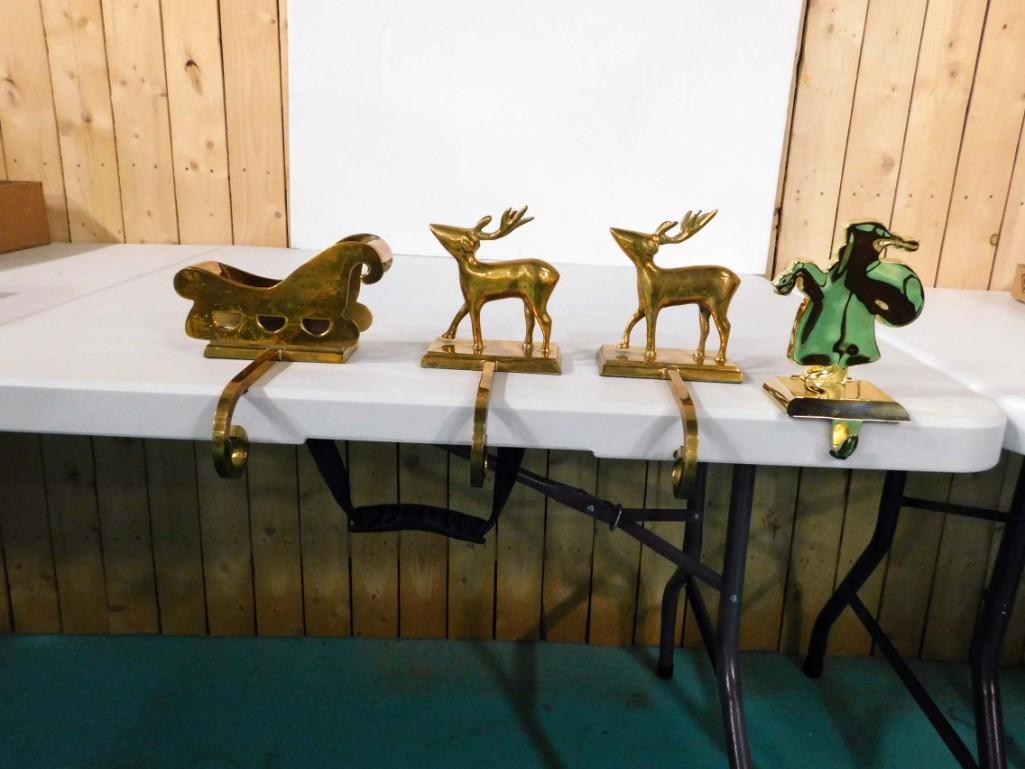 Heavy Brass Stocking Hooks incl Santa , Reindeer , (1 of 2)