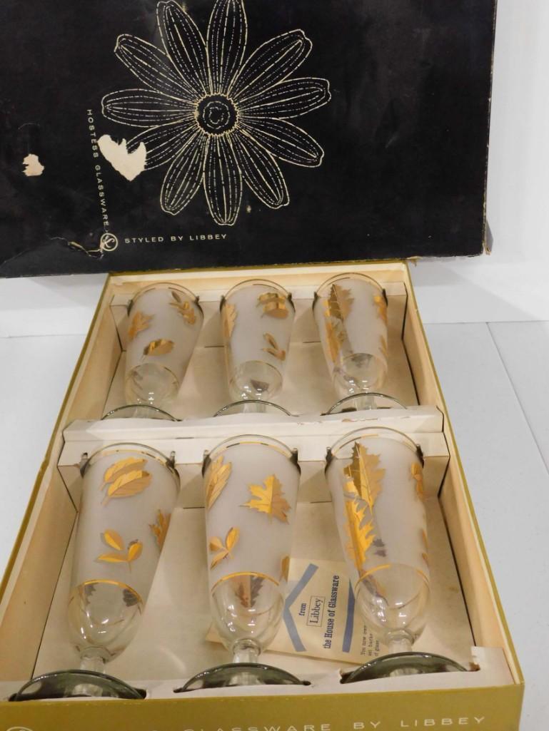 Mid Century Libby Stemware Glasses with Gold Leaves: Mid Century Libby Stemware Glasses with Gold Leaves Design in Original Box
