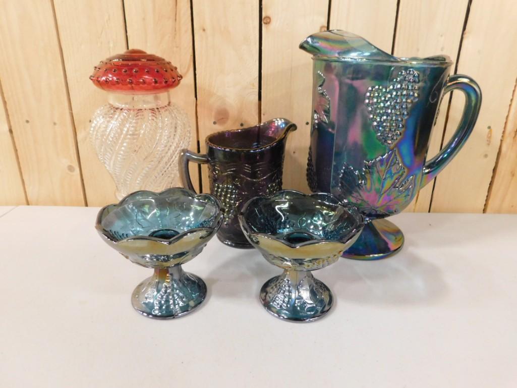 2 Carnival Glass Pitchers , Carnival Glass Candlestick (1 of 6)