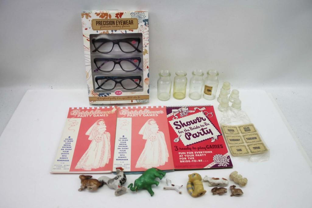 Collectibles incl Vintage Party Games , Spice Jars ,: Collectibles incl Vintage Party Games , Spice Jars , Plastic Animals , and Eyeglasses