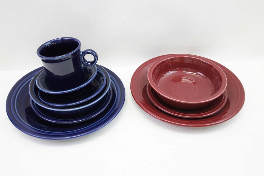 Lot of Fiestaware or Fiesta Ware incl Blue and Burgundy: Lot of 9 pieces of Fiestaware or Fiesta Ware incl Blue and Burgundy or Maroon