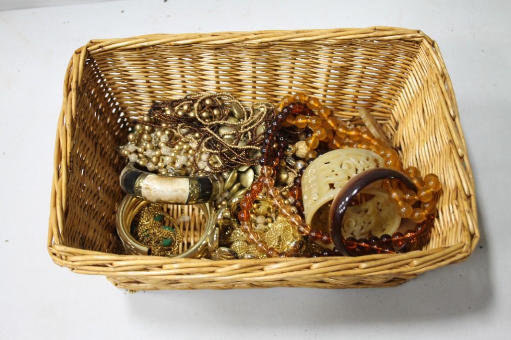 Wicker Basket of Costume Jewelry: Wicker Basket of Costume Jewelry