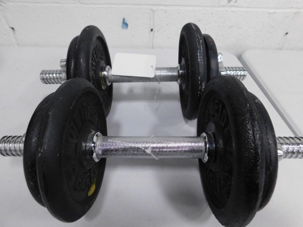Hand Weights: Pair of Hand Weights , Each one has 16 lb on it plus the weight of the bar