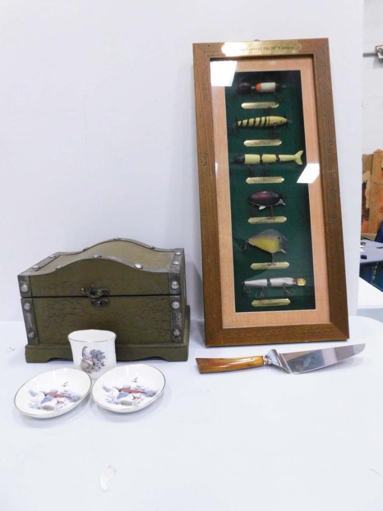 Fishing Lure Wall Hanging, Trinket Dishes , Royal: Fishing Lure Wall Hanging, Trinket Dishes , Royal Worchester Fine Bone China England , Vintage Spatula with Bakelite Handle ,