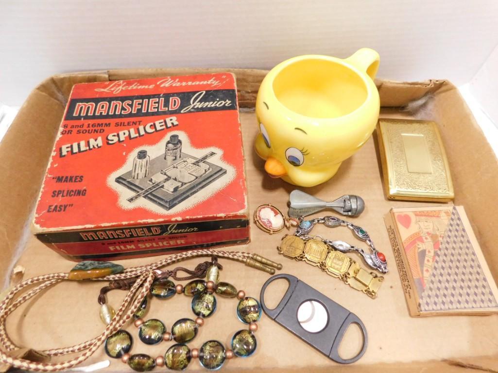Lot of Vintage Smalls incl Sealed Doc Holiday Playing: Lot of Vintage Smalls incl Bolo Tie , Sealed Doc Holiday Playing Cards, Costume Jewelry , Film Splicer , etc