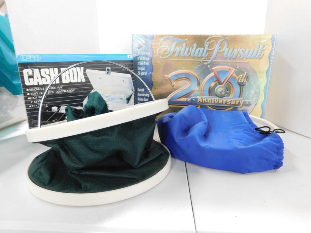 Lot of Misc incl Cash Box , Trivial Pursuit , 2: Lot of Misc incl Cash Box , Trivial Pursuit , 2 Collapsible Pails with Carrying Cases