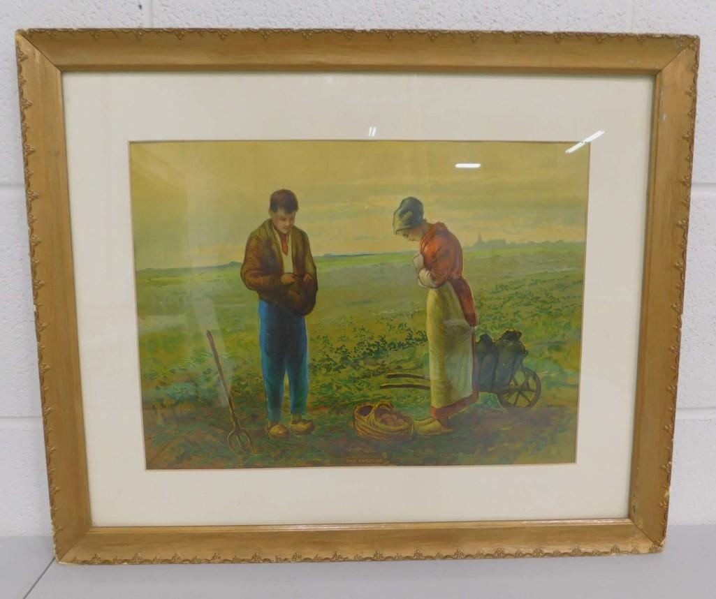 Jean Francois Millet " Listed French Artist " Original: Jean Francois Millet " Listed French Artist " Original Chromolithograph " The Angelus " . Measures about 18"x22"
