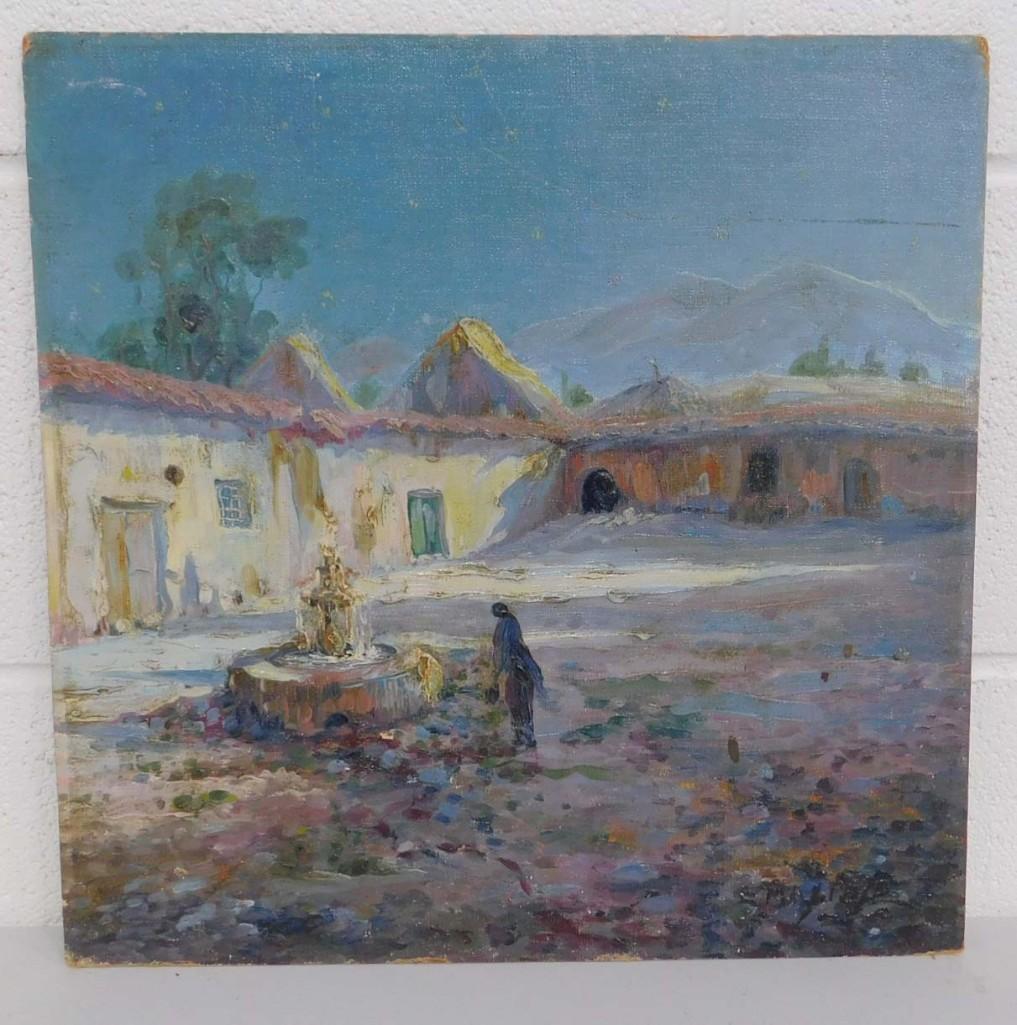 Spanish Villa with Fountain Oil on Board c (1930-1940s) (1 of 3)