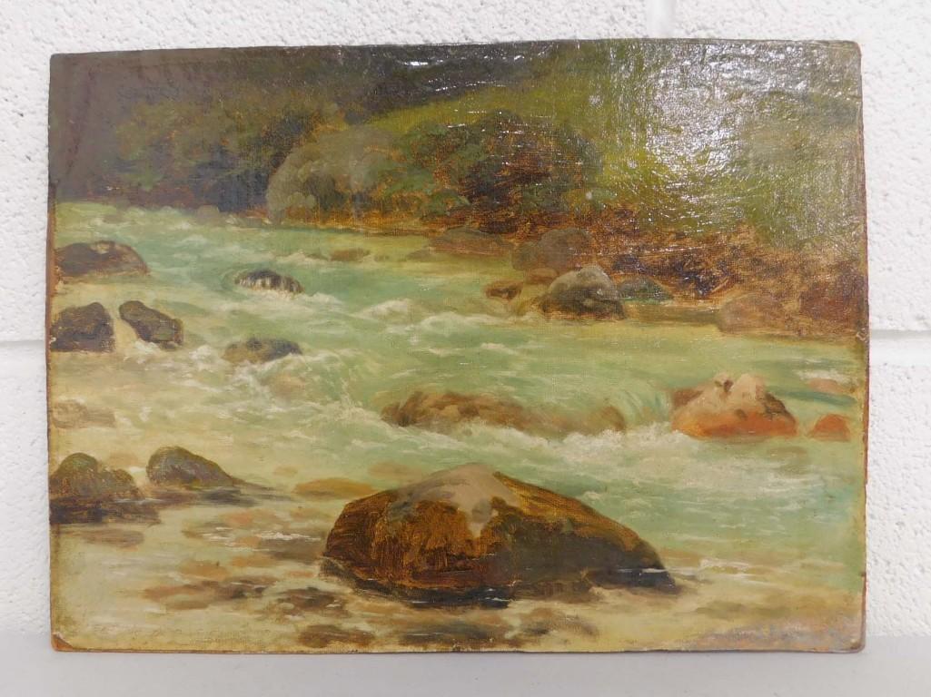 Rudolf Weber (1872-1949) "Listed Artist - Austria": Rudolf Weber (1872-1949) "Listed Artist - Austria" Original Oil on Board "Flowing Stream" Label on Back . Measures about 9.25"x12.5"