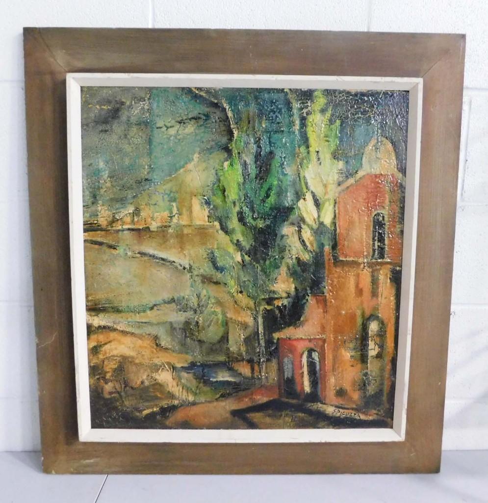 F. Spicuzzy (1883-1962') "Village: In the Style of F. Spicuzzy (1883-1962') Original Oil on Canvas "Village Scene" measures 31.75" x 33.75"