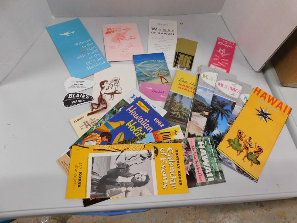 1960s Hawaiian Travel Ephemera: Lot of Hawaiian travel ephemera and other mementos from 1961 or 1962 including brochures, airline information, etc