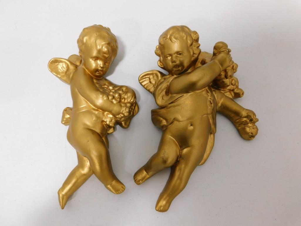 2 Gold Color Plaster Wall Hanging Christmas Cherubs. (1 of 3)