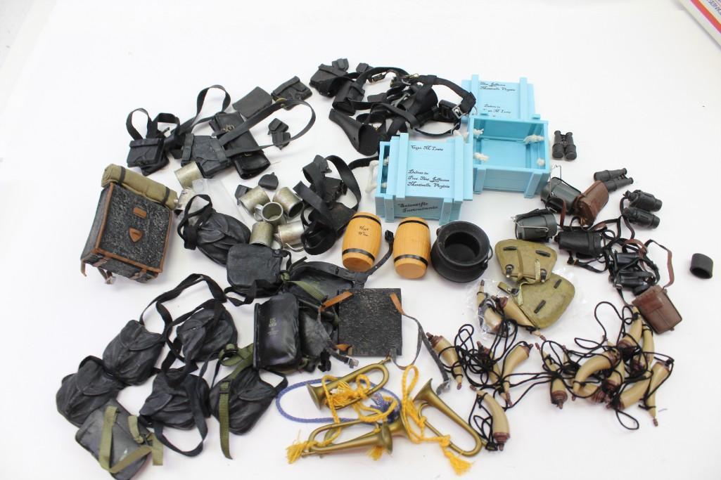 Accessories for 12" Military Action Figures incl Powder: Lot of Accessories for 12" Military Action Figures incl Powder Horns , Bugles , Tankards , Crates , Barrels , Satchels , Pouches , Bags