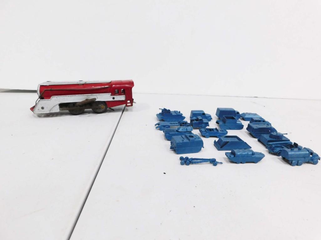 Wind Up Tin Toy Train Engine and Plastic Toy Military (1 of 7)
