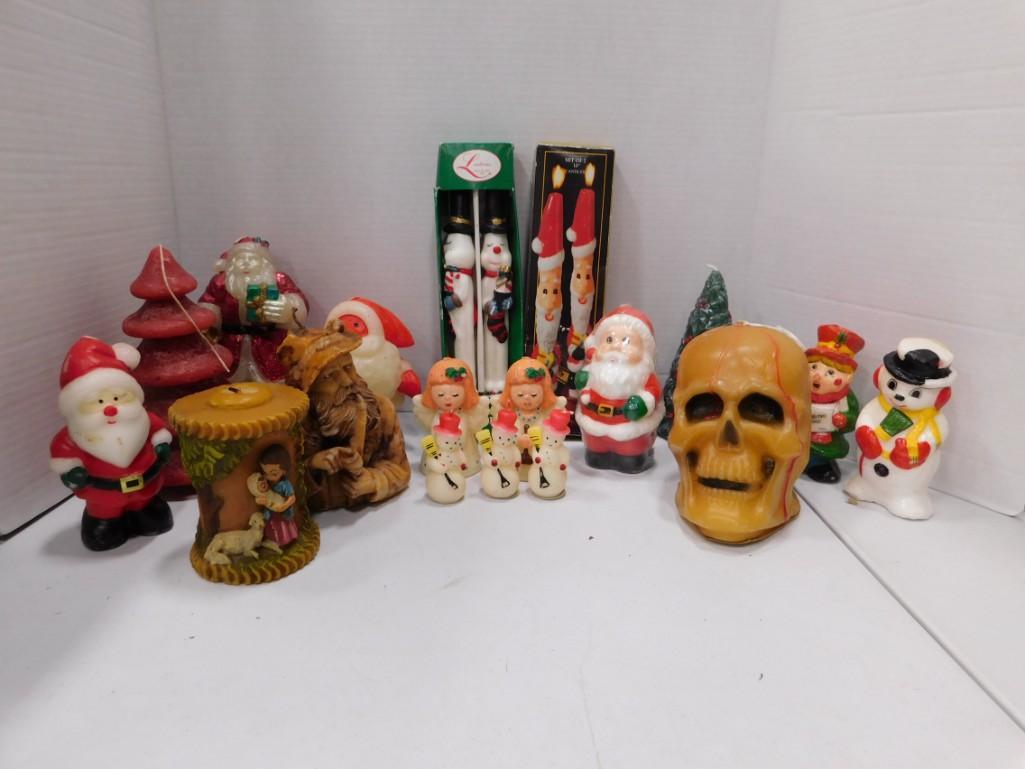Figural Candles incl Skull and Christmas Etc: Lot of Figural Candles incl Skull and Christmas Etc