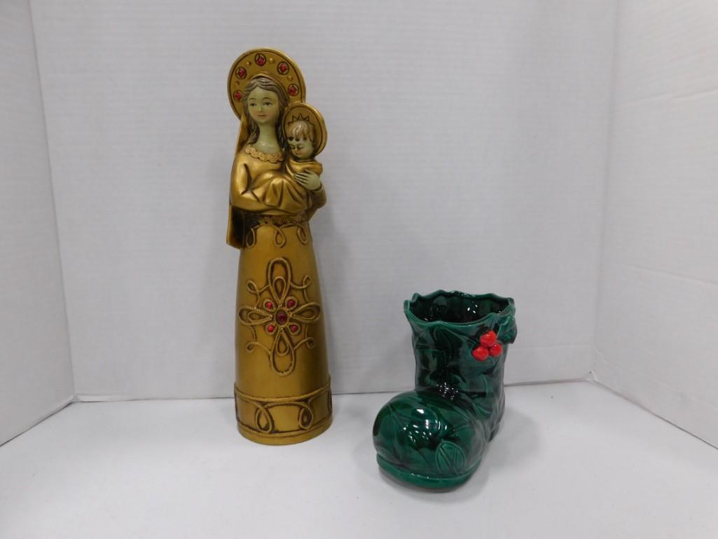 Lefton Christmas Boot Planter , Madonna and Child: Lefton Christmas Boot Planter , Madonna and Child Figure - Plastic