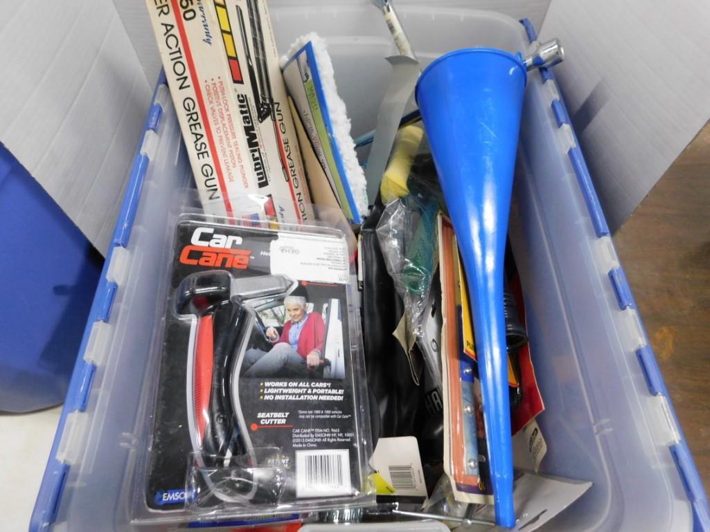 Large bin full of tools including Grease Gun, funnel,: Large bin full of tools including Grease Gun, funnel, etc.
