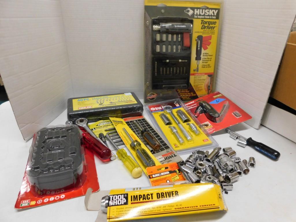 Large tool lot including torque driver, sockets, (1 of 5)