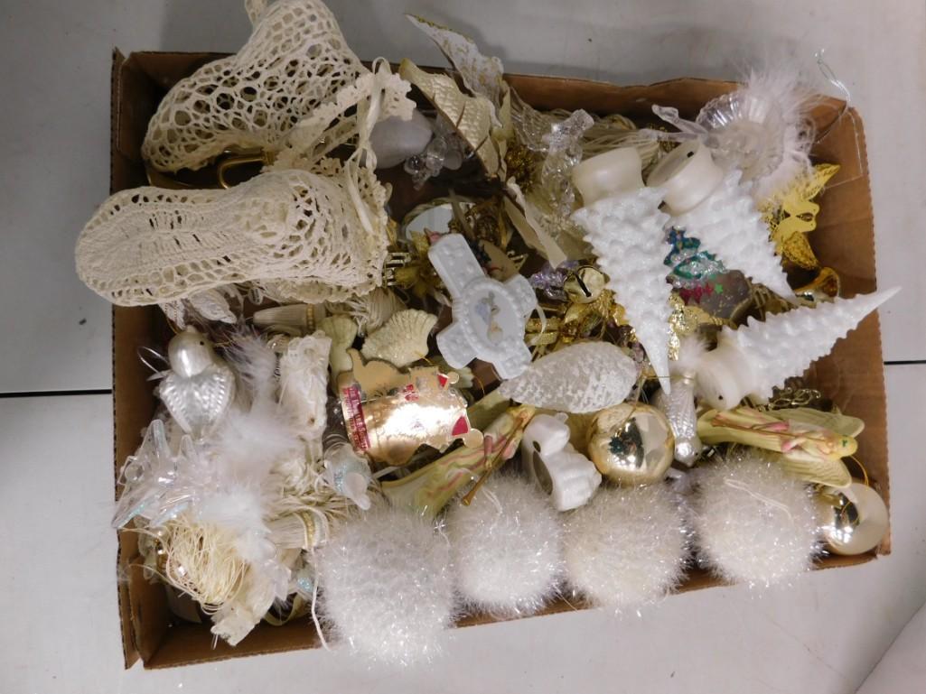 Christmas Ornaments and Decorations: Christmas Ornaments and Decorations incl a Snow baby , plastic lighted Christmas trees , mirrored ornaments , musical instrument ornaments , glass bird ornament , etc