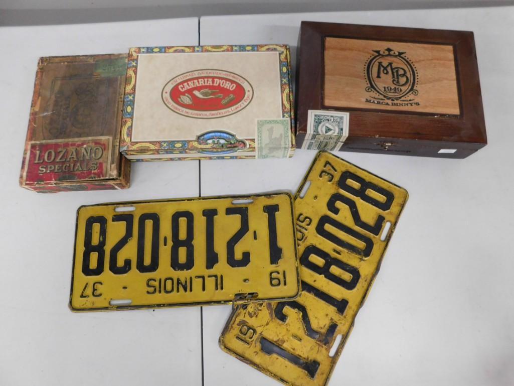 Set of 1937 Illinois License Plates and 3 Cigar Boxes (1 of 2)