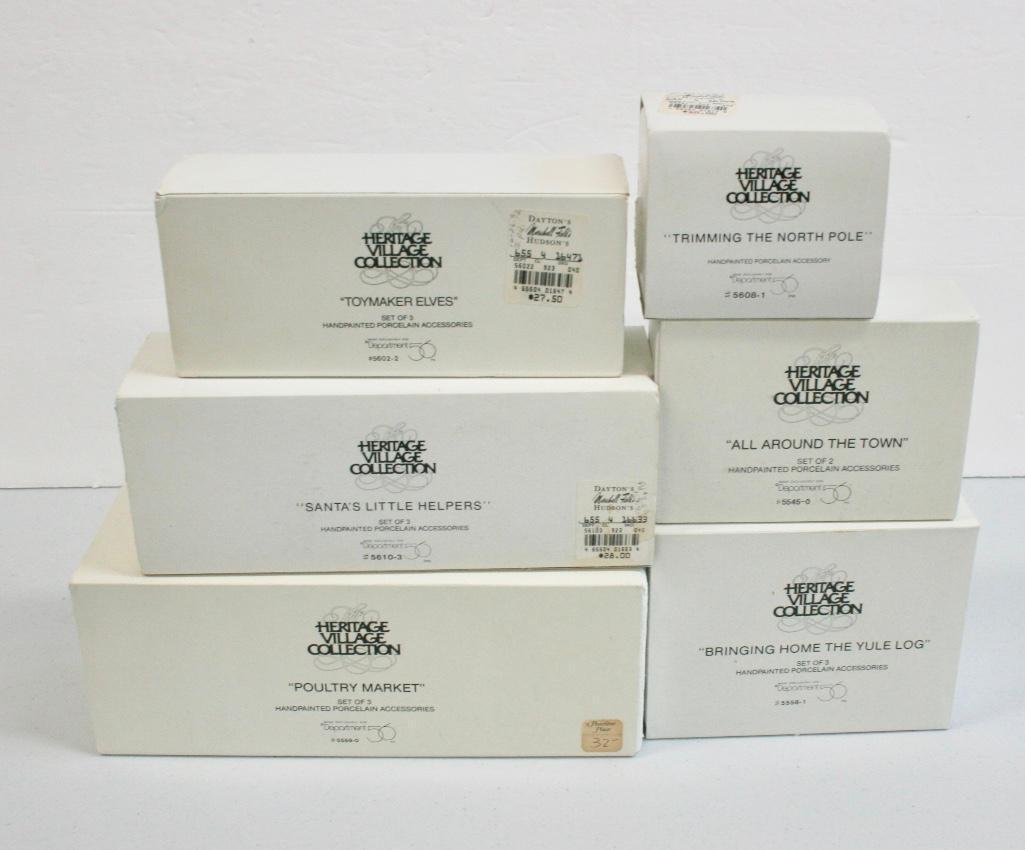 Lot of 6 Dept 56 Heritage Village Series Accessories -: Lot of 6 Dept 56 Heritage Village Series Accessories - Santa's Helpers, Toymaker Elves & More Santa's Little Helpers - 5610-3 Poultry Market Trimming The North Pole - 5608-1 Toymaker Elves