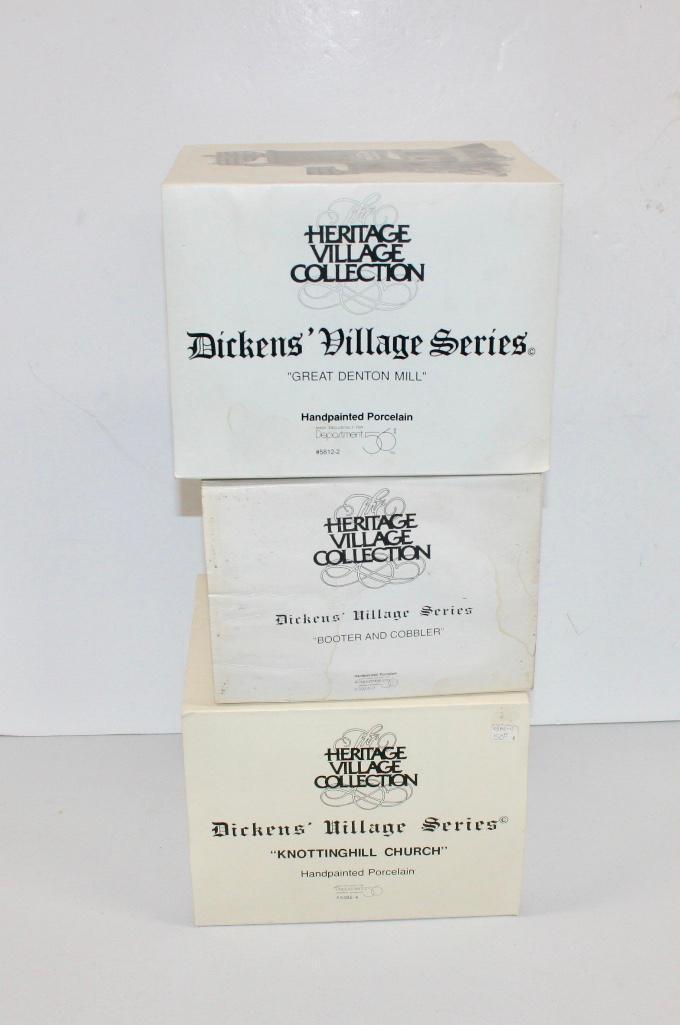 Department 56 Dickens Village Lot of 3 - Knottinghill: Department 56 Dickens Village Lot of 3 Knottinghill Church - 5582-4 Booter & Cobbler - 5924-2 Great Denton Mill - 5812-2