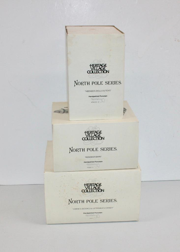 Department 56 North Pole Series Lot of 3 - Obbie's: Department 56 North Pole Series Lot of 3 Obbie's Books & Letrinka's Candy - 5624-3 Reindeer Barn - 5601-4 Neenee's Dolls & Toys - 5620-0