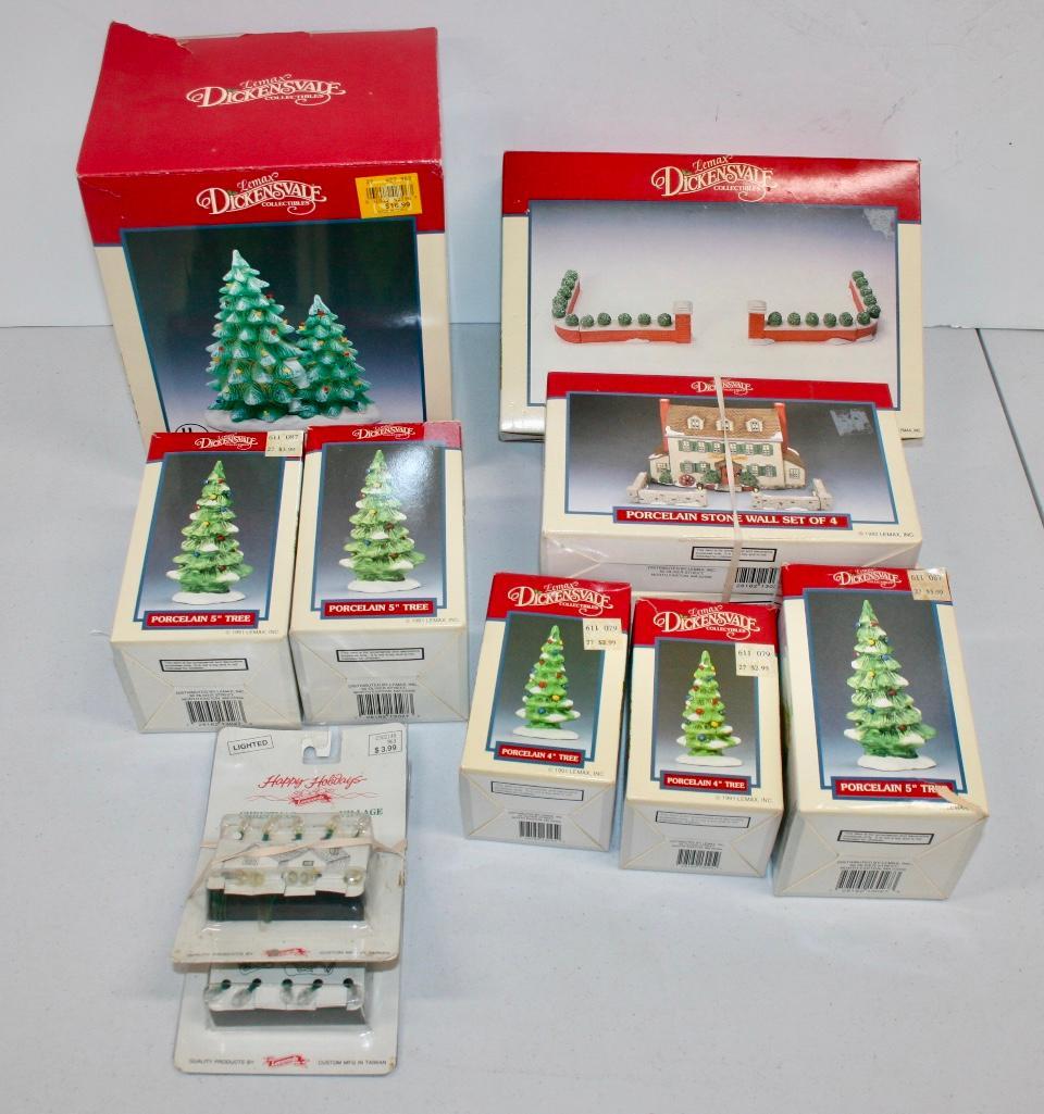 Dickensvale Lot of Stone Wall and Tree Pieces Plus 2: Dickensvale Lot of Stone Wall and Tree Pieces Plus 2 Packages of Christmas Village Lights