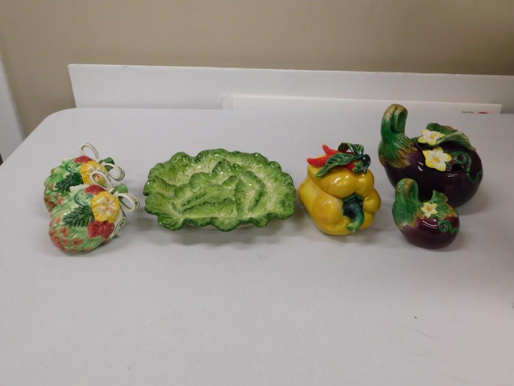 Fitz and Floyd Vegetables including Eggplants, Cabbage: Fitz and Floyd Vegetables including Eggplants, Cabbage Plate, Artichoke Salt and Pepper Shakers, Bell Pepper with Lid
