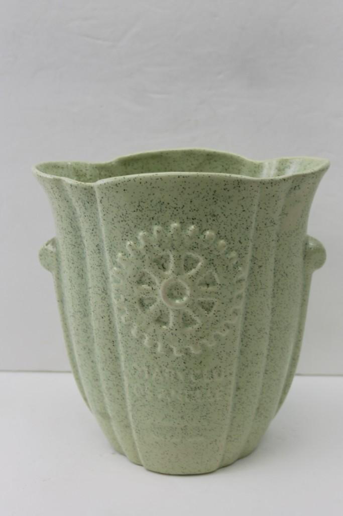 Bauer Pottery Speckled Vase: Bauer Pottery Speckled Vase . This is a novelty vase made for the Rotary Club of Los Angeles. Bauer Pottery was commissioned to make this speckled green vase for the local Rotary Club.