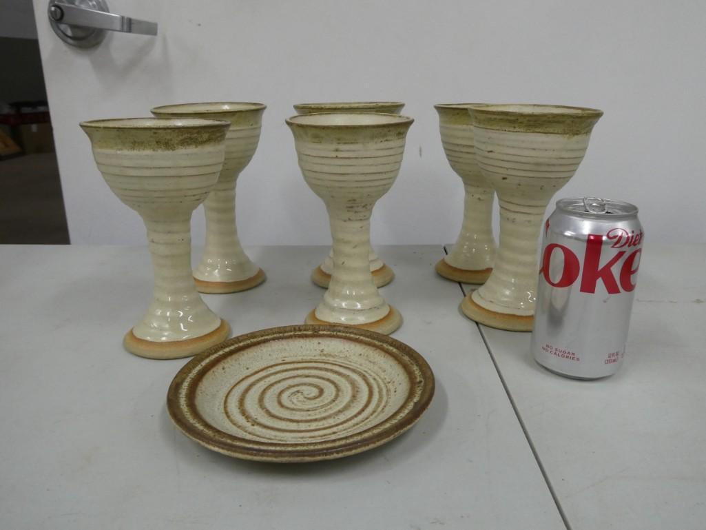 6 Signed Pottery Goblets and a Small Plate: 6 Signed Pottery Goblets and a Small Plate