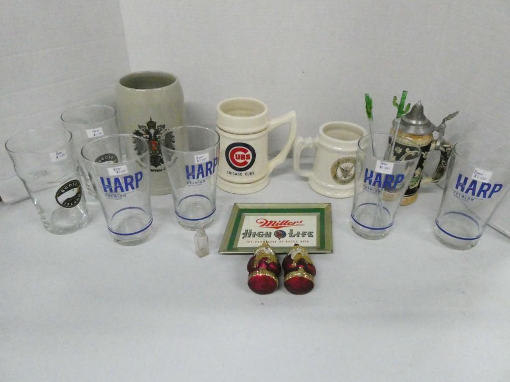 Lot of Beer Steins and Harp Beer Glasses , etc: Lot of Beer Steins and Harp Beer Glasses , etc and a Miller Tip Tray and 2 Santa Claus Ornaments