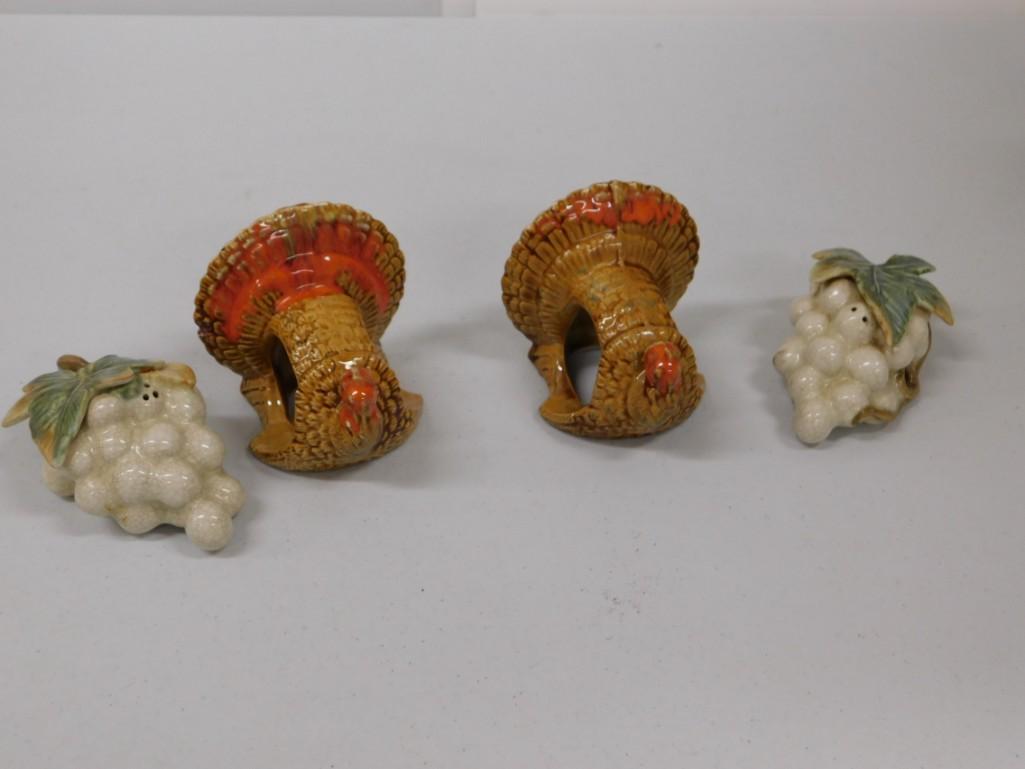 Fitz and Floyd Pair of White Grape Salt and Pepper: Fitz and Floyd Pair of White Grape Salt and Pepper Shakers and Turkey Napkin Rings