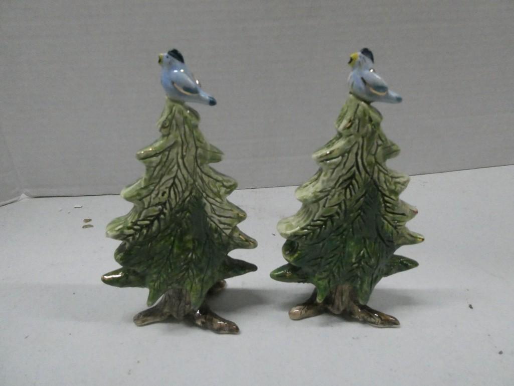 Pair of Ceramic Christmas Trees with blue birds: Pair of Ceramic Christmas Trees with blue birds. Both are Blue Sky Corp.