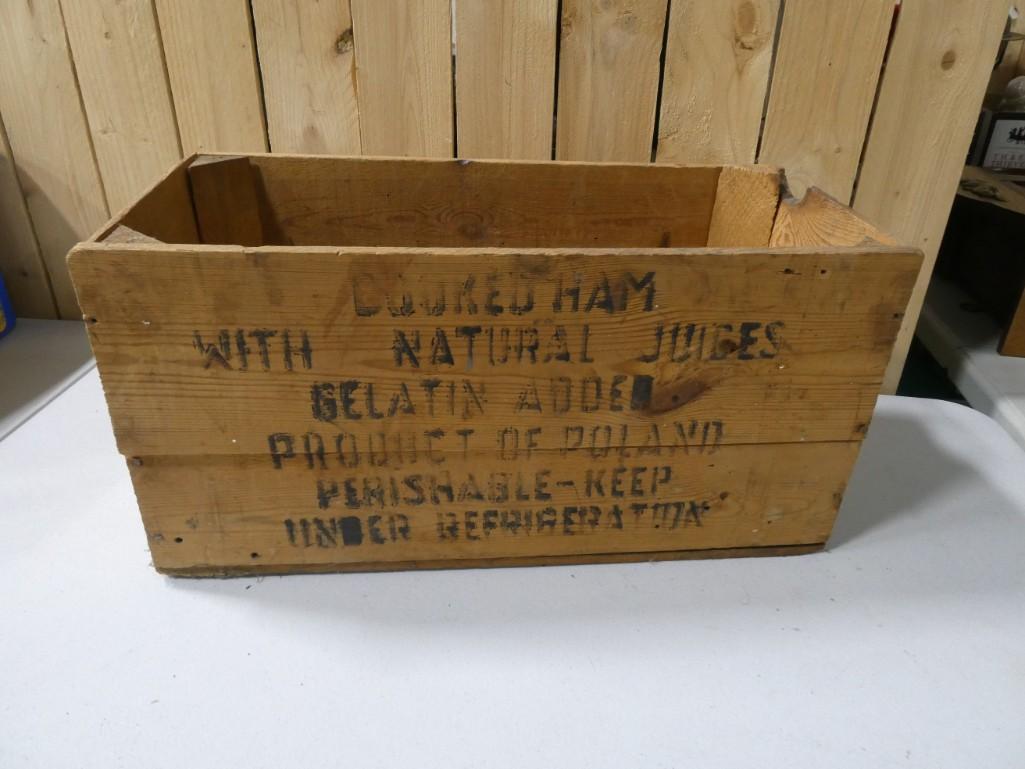 Vintage Wood Crate for Krakus Cooked Ham with Natural: Vintage Wood Crate . Says " Krakus Cooked Ham with Natural Juices " on it. Measures about 19"x9"x10" Could use a few nails - some of the wood is loose.