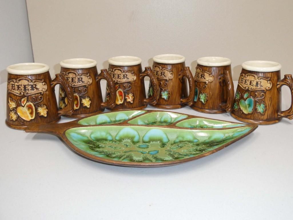 Mid Century Beer Mugs and a Snack Platter: 6 Mid Century Treasure Craft Beer Mugs and a Snack Platter Condition: Snack platter has a chip on the bottom of the tip