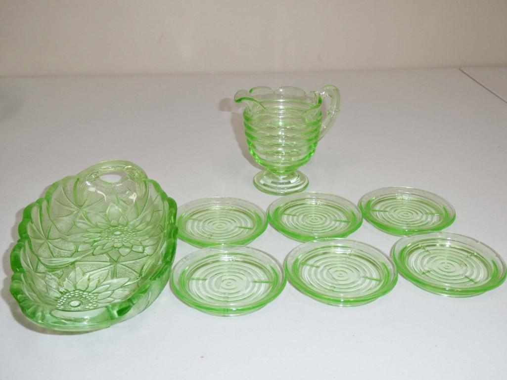 Lot of Green Depression Glass incl Manhattan Creamer: Lot of Green Depression Glass incl Manhattan Creamer , 6 Coasters and a Floral Pattern Dish