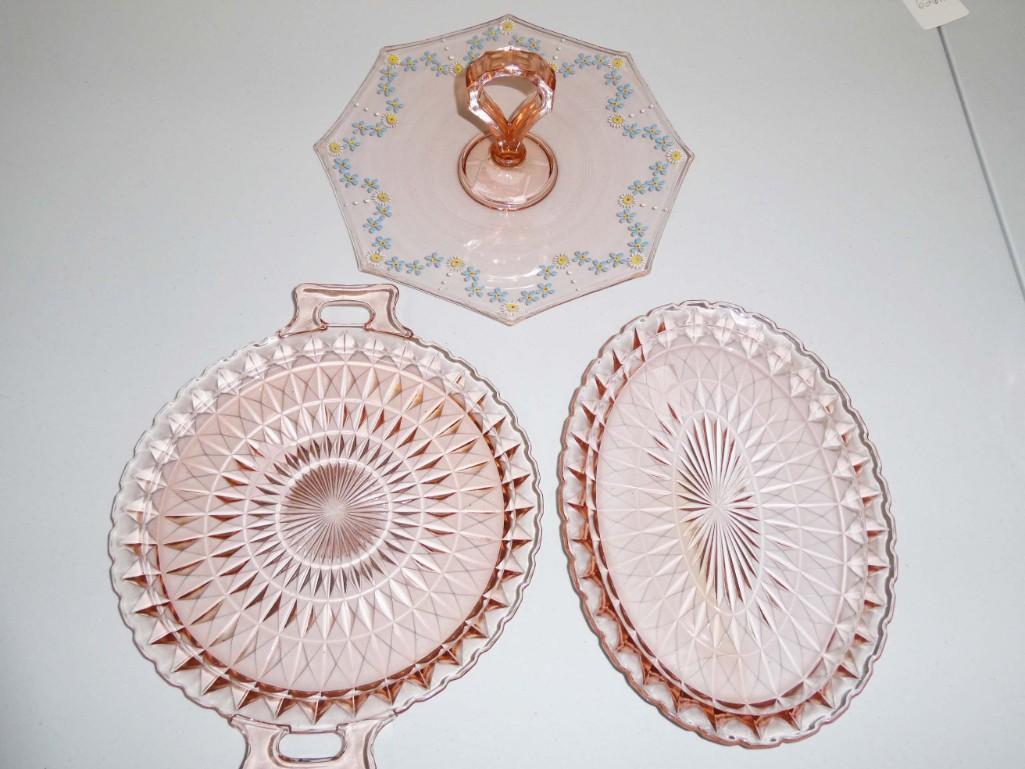 Pink Depression Glass incl 2 Diamond Cut Platters and a (1 of 1)