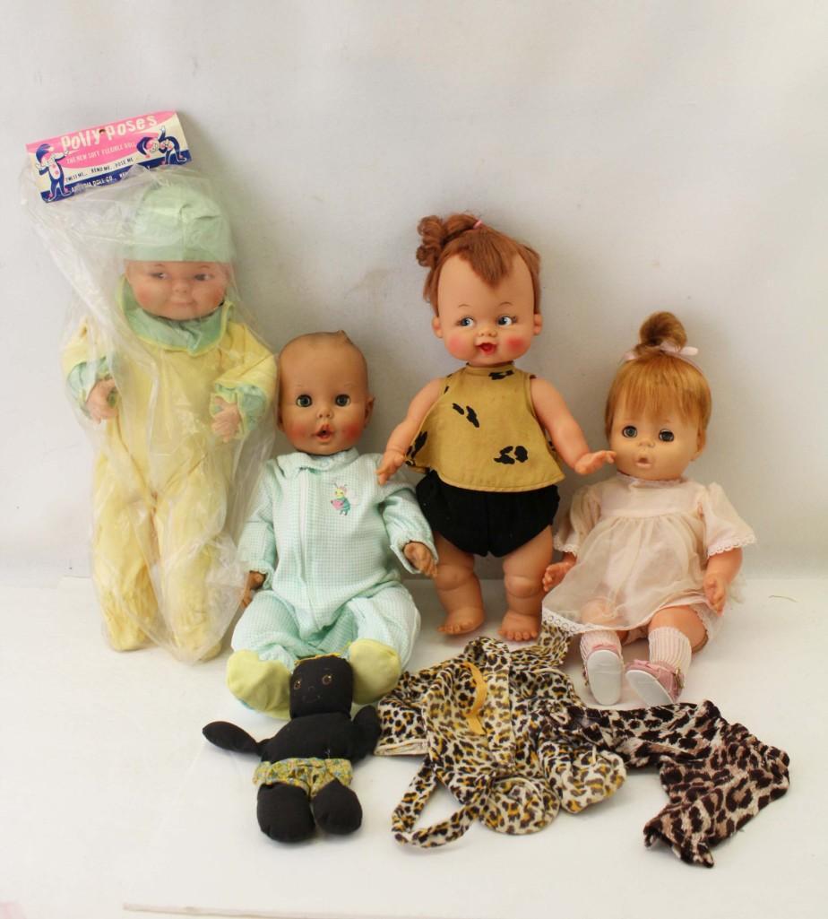 Dolls incl Vtg 1963 Ideal Flintstones Baby Pebbles 12": Doll Lot including Vintage 1963 Ideal Flintstones Baby Pebbles 12" Doll in Original Top and Pants . Clean , vgc . Vintage 1964 Baby Pattaburp Mattel Doll - Works! Vintage 1960s Polly Poses Pixie 1