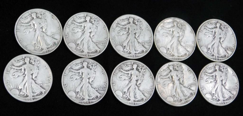 10 Walking Liberty Half Dollars 90% Silver (1 of 2)