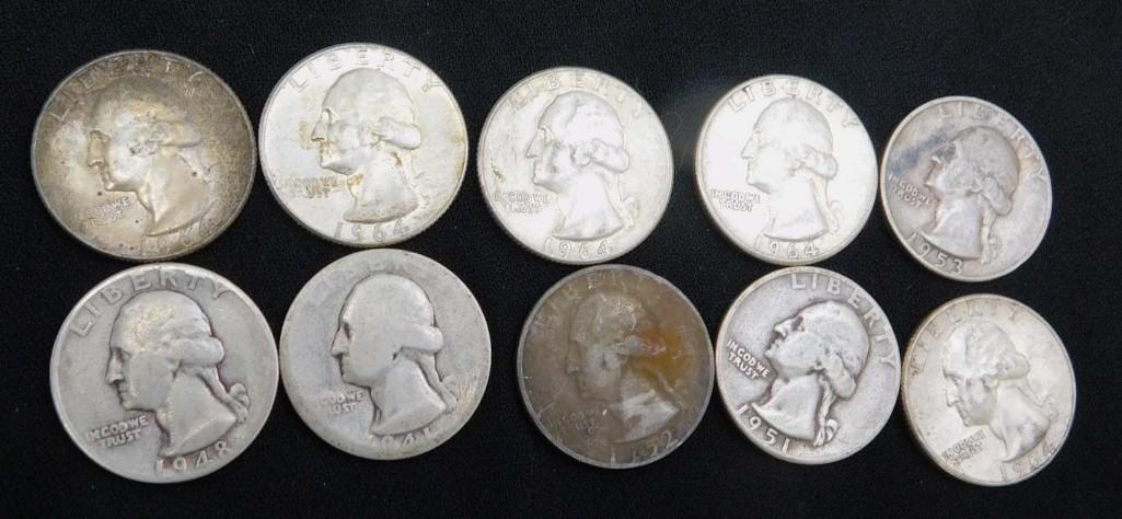 10 Washington Quarters 90% Silver (1 of 2)